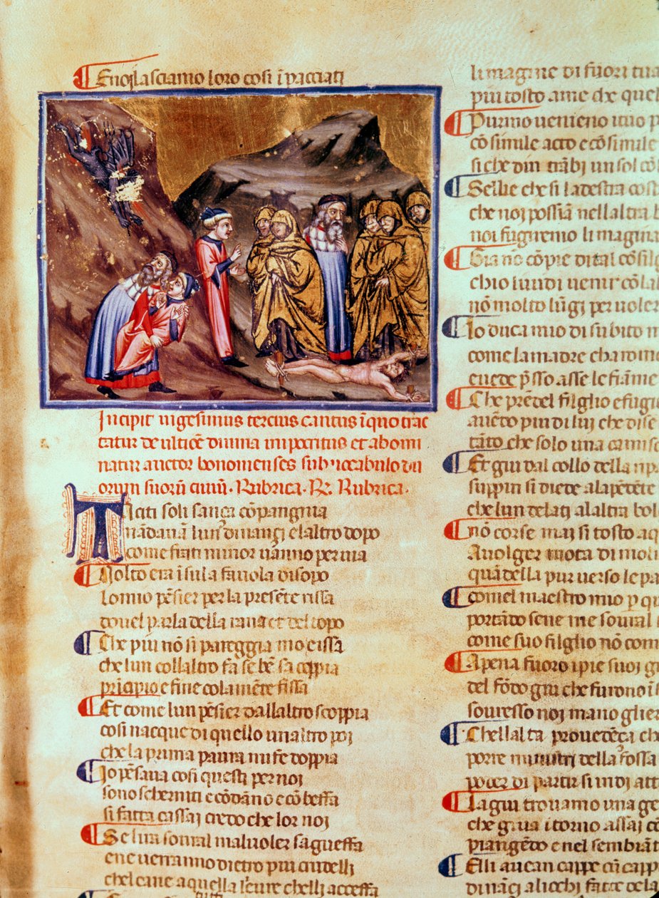 Canto XXIII Dante和Virgil在伪君子的圈子里，Caiaphas钉在地上，来自神曲（Inferno），c.1313 作者 意大利学校