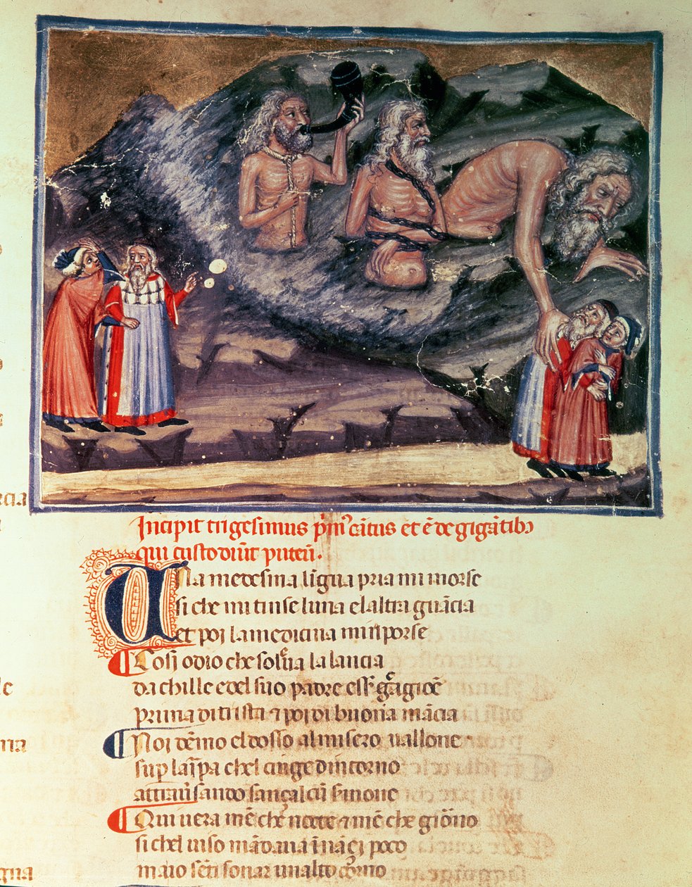 Canto XXXI Dante和Virgil以及迷失圈中的三个巨人，来自神曲（Inferno），c.1313 作者 意大利学校