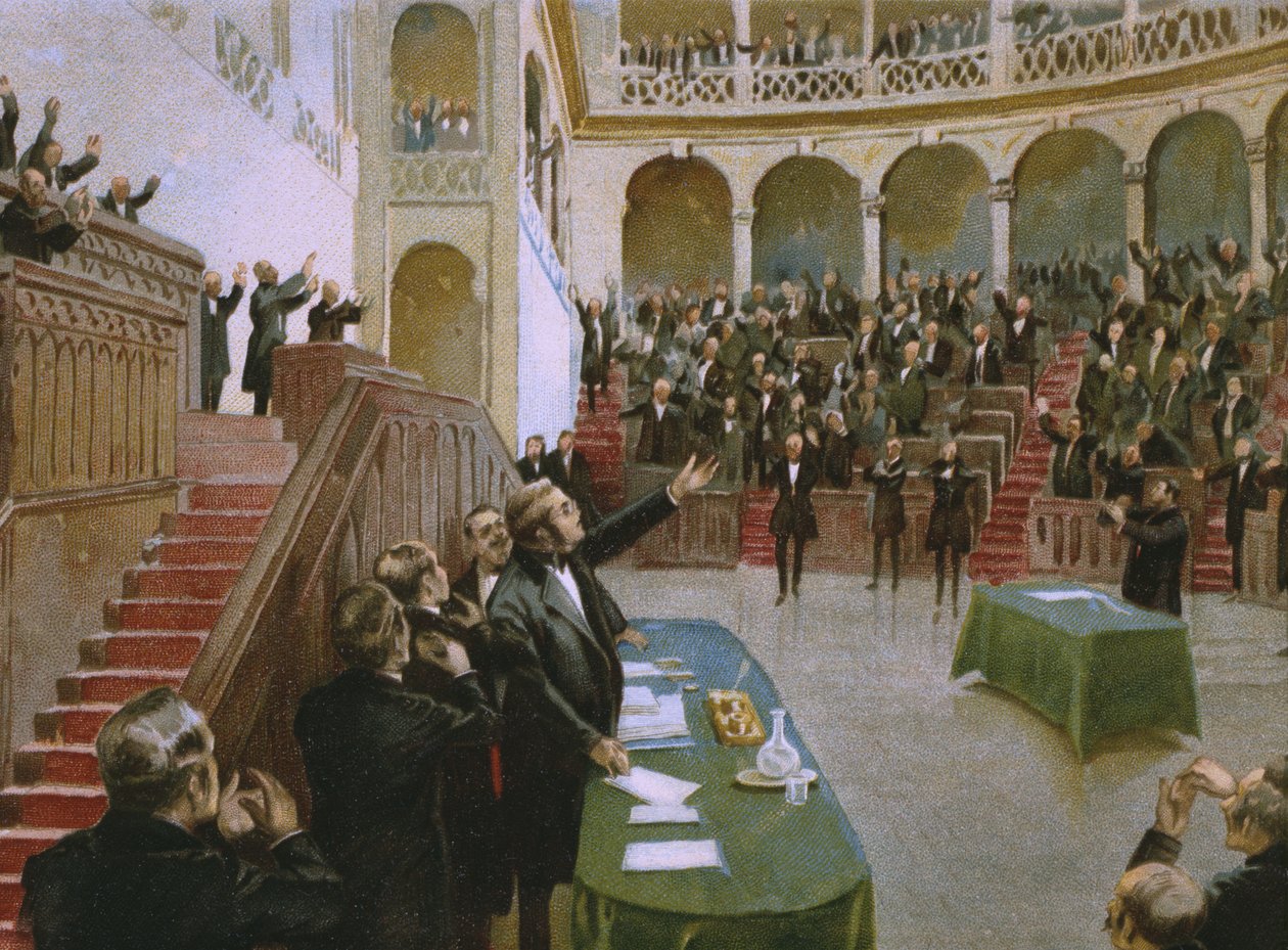 1861年2月18日，Cavour为第一个意大利国家议会鼓掌国王Victor Emmanuel II（1820-78），这是一张关于巧克力制作的Risorgimento历史专辑的插图 作者 意大利学校