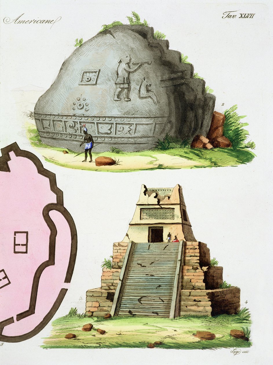 中美洲古物，两座金字塔的细节，来自“国家历史”（aquatint）的第 47 页（细节 94494） 作者 意大利学校