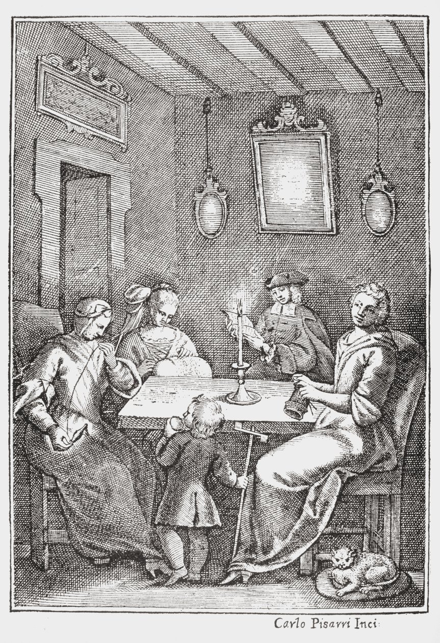 Chiaqlira读故事到一个缝纫派对，Giambattista Basile的Pentamerone的封面，1742年 作者 意大利学校