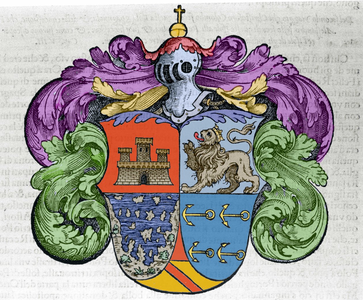 航海家克里斯托弗·哥伦布（Christopher Columbus，1451-1506 年）的徽章：ecu 的四个部分分别代表卡斯蒂利亚和莱昂市的顶部、未覆盖的岛屿和海军上将的象征锚。 来自《Navigationi and Viaggi》一书的雕刻 作者 意大利学校