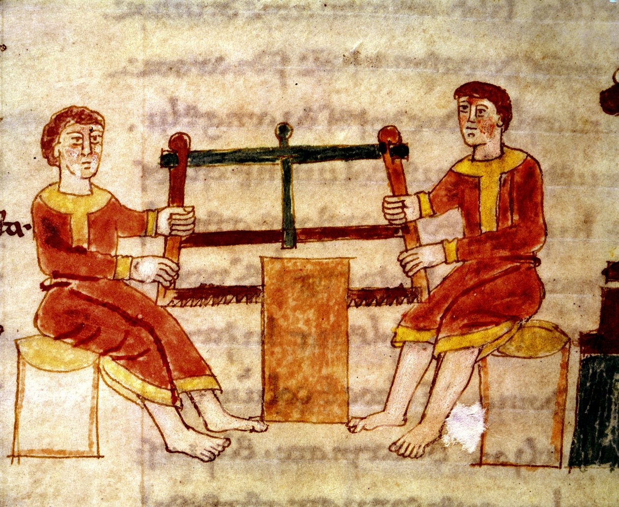 Codex 132 Livre 14第25章两名男子锯木头，来自De Universo by Rabanus Maurus（c.780-856）1023 作者 意大利学校