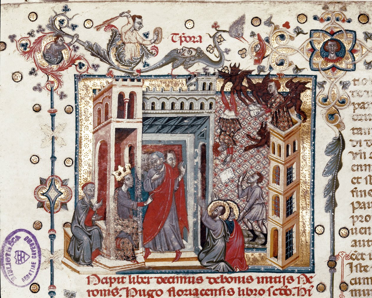 Codices Cavenses，Cod.25 f.181，Simon Magus，Nero皇帝和使徒，来自Speculum Historiale的缩影，第一部分，Vincent de Beauvais，c.1320（牛皮纸上的蛋彩画） 作者 意大利学校
