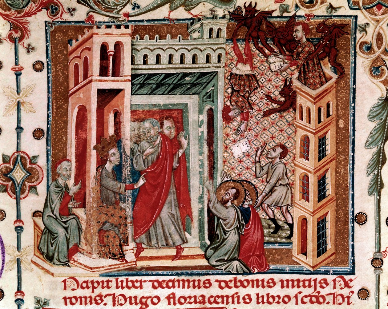 Codices Cavenses，Cod.25 f.181，Simon Magus，Nero皇帝和使徒，来自Speculum Historiale的缩影，第一部分，Vincent de Beauvais，c.1320（牛皮纸上的蛋彩画） 作者 意大利学校