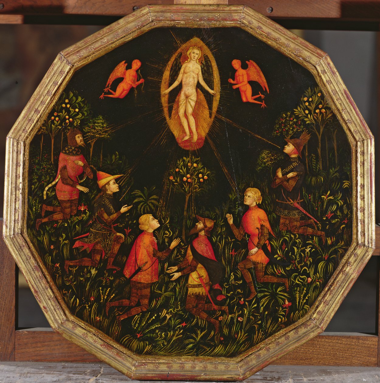 Confinement tray depicting the Triumph of Venus venerated by six legendary lovers: Achilles, Tristan, Lancelot, Samson, Paris and Troilus (oil on panel)   1415413   zh       chinese Successfully Translated  Original: The Boatman Translat: The Boatman 14336 作者 意大利学校