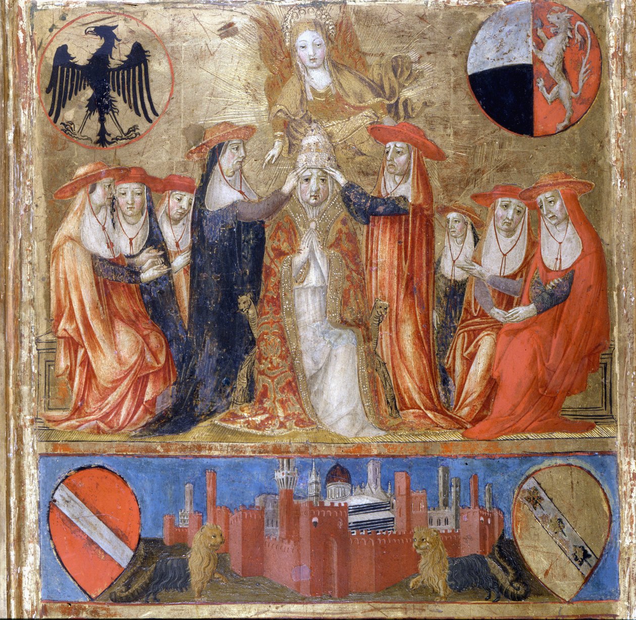 庇护二世 (Enea Silvio Piccolomini) 加冕（1405 年至 1464 年）。 意大利教皇（1458 - 1464）。 楼下是锡耶纳的防御城。 Bicherna（锡耶纳市会计登记簿的封面），1460 年。国家档案馆 - Museo delle Tavolette de B 作者 意大利学校