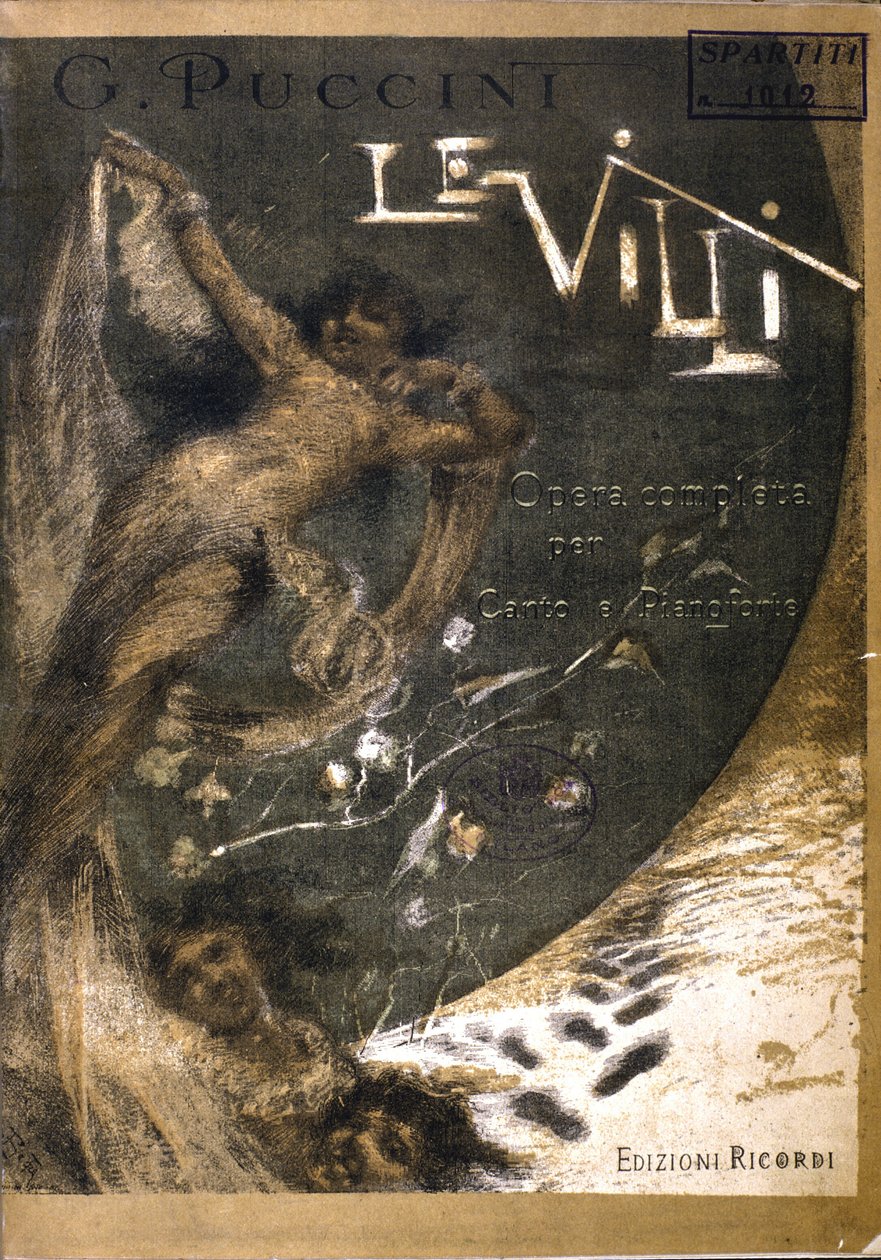 “Le Villi”的乐谱封面，歌剧（1884 年）为普契尼的圣歌和钢琴（1858 - 1924 年）两幕。 里科迪版。 作者 意大利学校