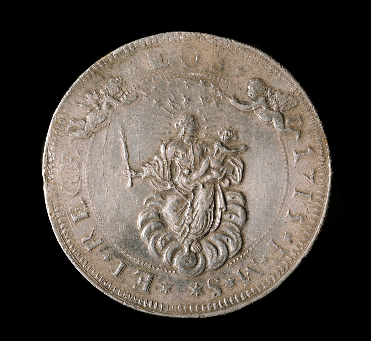 基因共和国货币：六伊库斯银币。 直径。 61.5 毫米。 1715.前面。 Genes Musei di Strada Nuova (inv, M7156) 作者 意大利学校