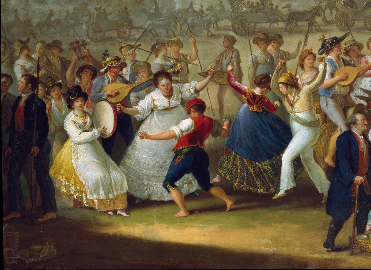 那不勒斯的舞蹈场景和流行派对 塔兰泰拉舞者 (tarantella, tarantella)。 无名画。 18 世纪那不勒斯，圣马蒂诺国家博物馆 作者 意大利学校