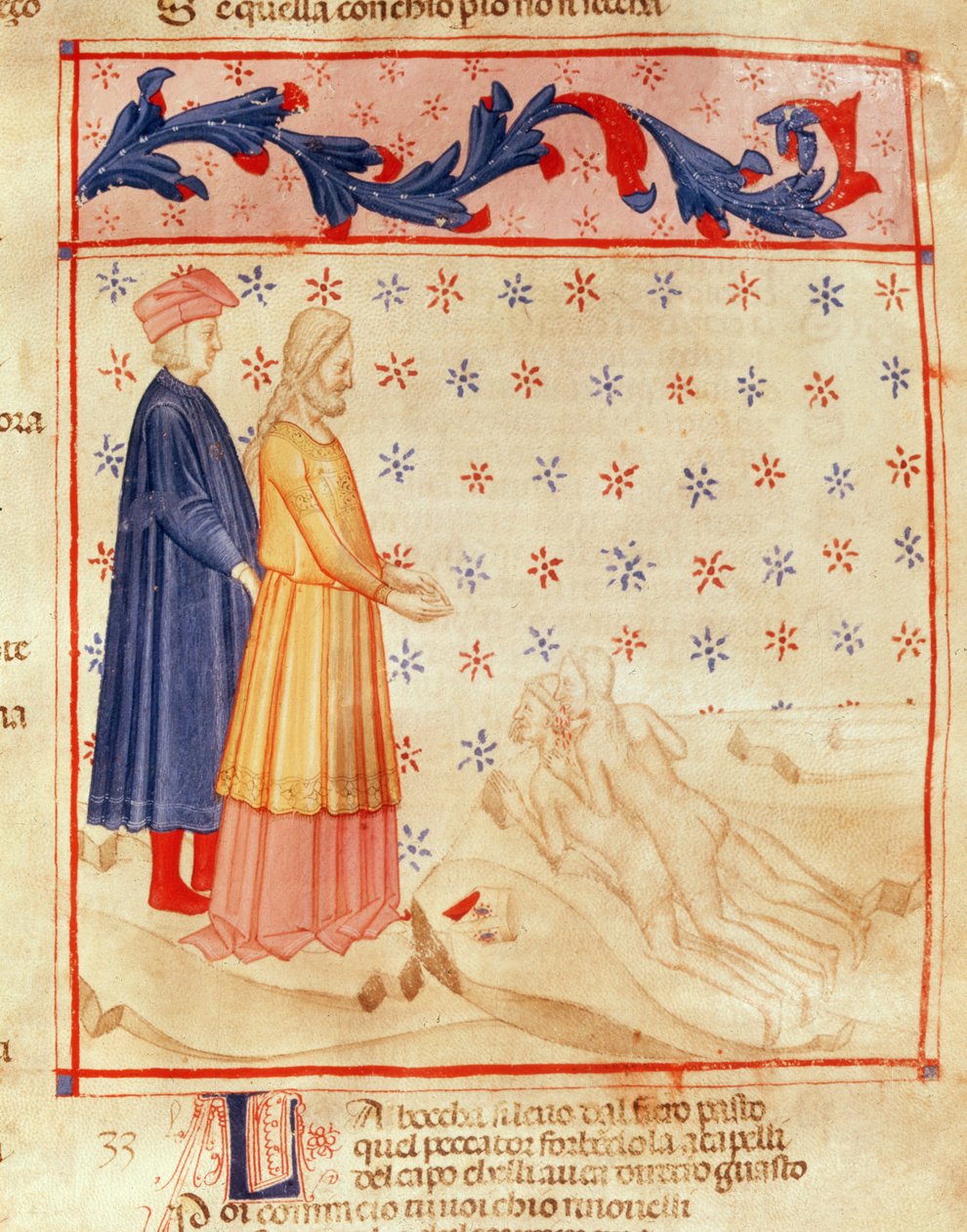 但丁和维吉尔（公元前 70-19 年）发现乌戈里诺伯爵，选自但丁-阿利吉耶里（1265-1321 年）的《神曲》（牛皮纸） 作者 意大利学校