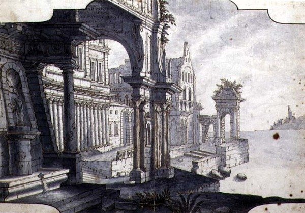 舞台布景设计，约1750年（纸上笔墨和水彩）。 作者 意大利学校