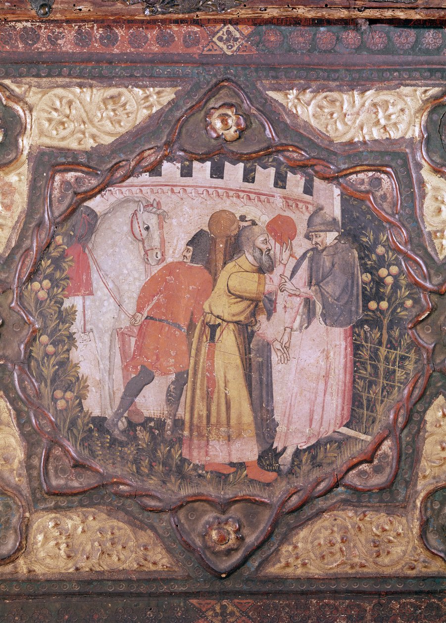 乔瓦尼·薄伽丘 (Giovanni Boccaccio) 描绘的萨拉丁和伊斯特拉的托雷洛 (Torello of Istria) 故事的卡索内细节（面板上的蛋彩画）（另请参阅 444281-82） 作者 意大利学校