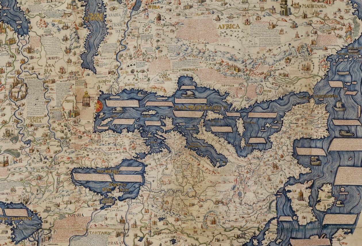 地中海细部，选自 Mauro Frau 1459 年绘制的 Add.11267 "Large Planisphere, or Mappa Mondo"，1459 年，毛罗-弗劳（Mauro Frau）作品 作者 意大利学校