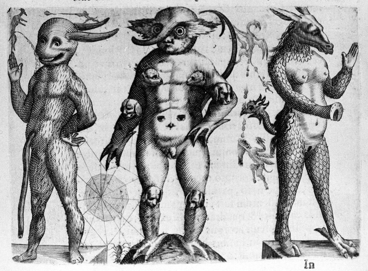 Different types of human monsters with half human, half animal bodies. Engraving from “De monstrorum natura, causis et differentiis” by Fortunio Liceti (1577-1656), Italian scientist. 1646 作者 意大利学校