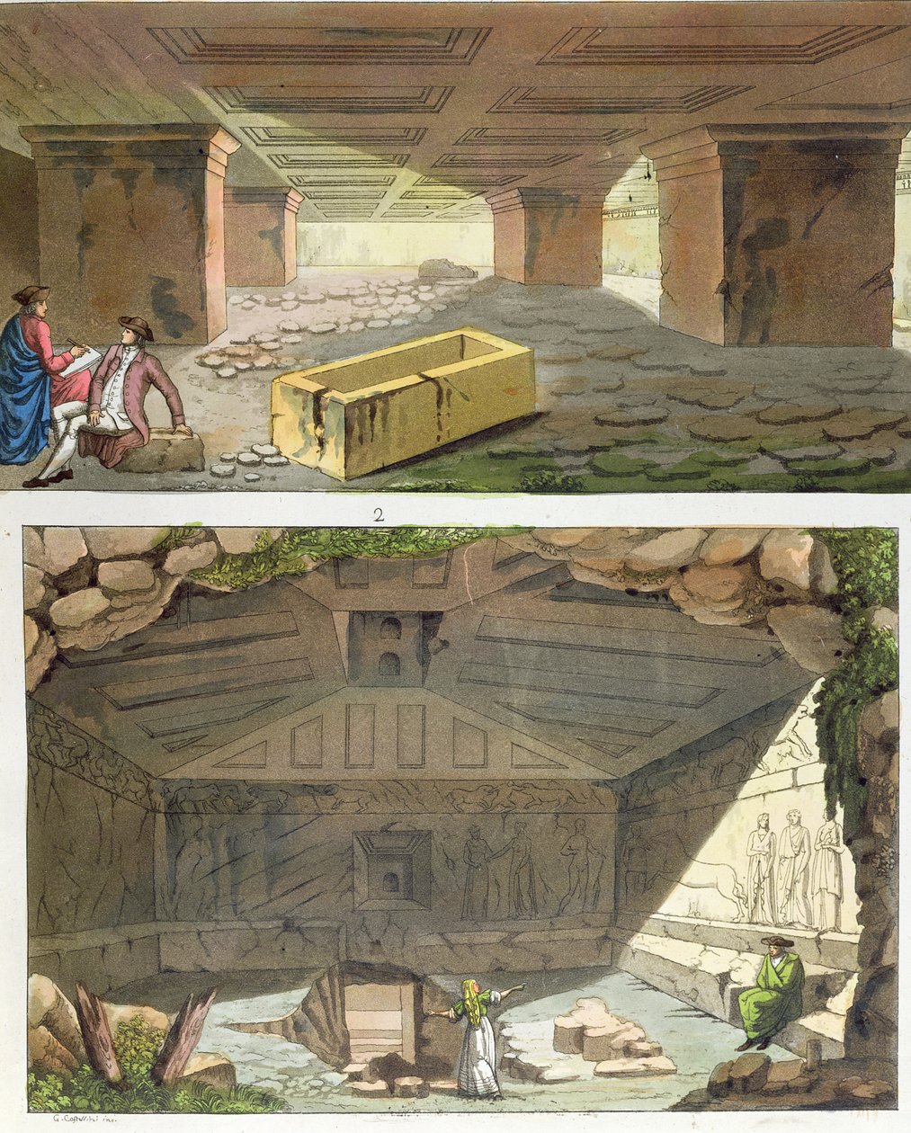 发现伊特鲁里亚墓葬，1820年（彩色雕刻） 作者 意大利学校