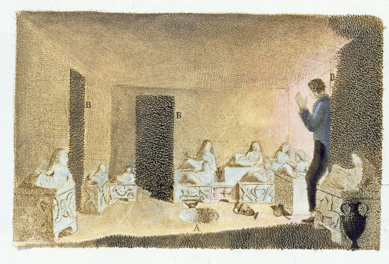 发现伊特鲁里亚墓葬。插图来自Monumenti Etruschi，Francesco Inghirami（1772-1846），于1825年在菲耶索莱出版（彩色版画） 作者 意大利学校