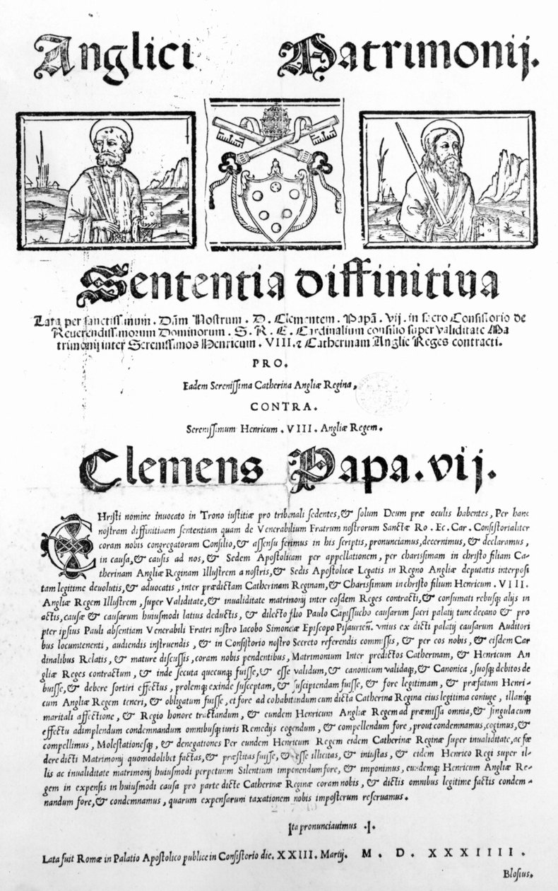 文件宣布教皇对亨利八世与阿拉贡的凯瑟琳婚姻有效性的判断，1534年（打印） 作者 意大利学校