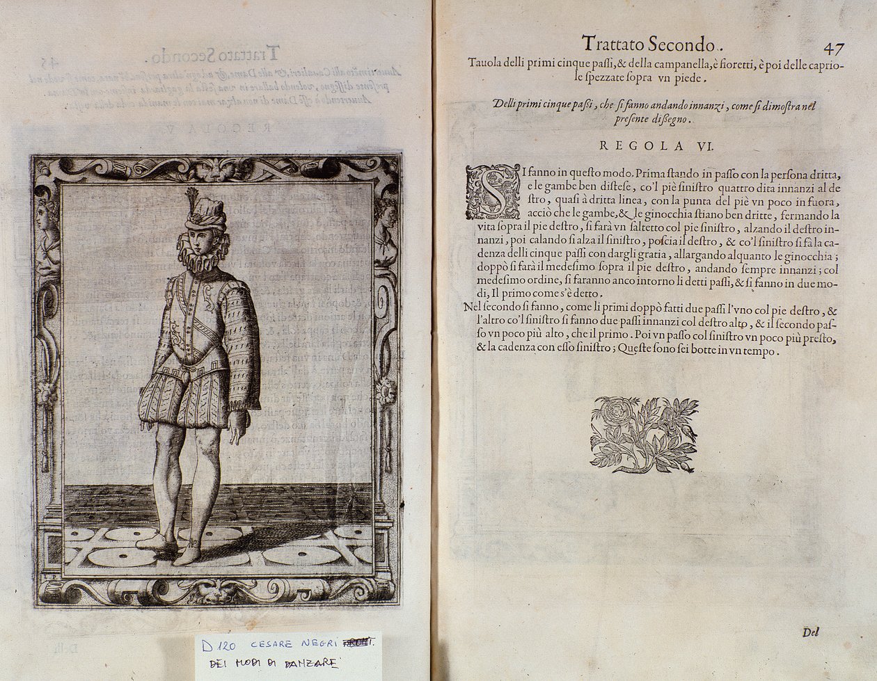 意大利舞蹈家Cesare Negri的The Gratie dAmore（Le Grazie dAmore）的双页名为The Trombone（1536-1604），舞蹈条约 作者 意大利学校