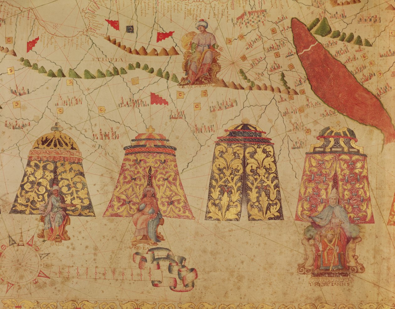 东非和红海与Prester John和非洲传奇国王，详细地图来自地中海地图Vesconte de Maggiolo，1563 作者 意大利学校