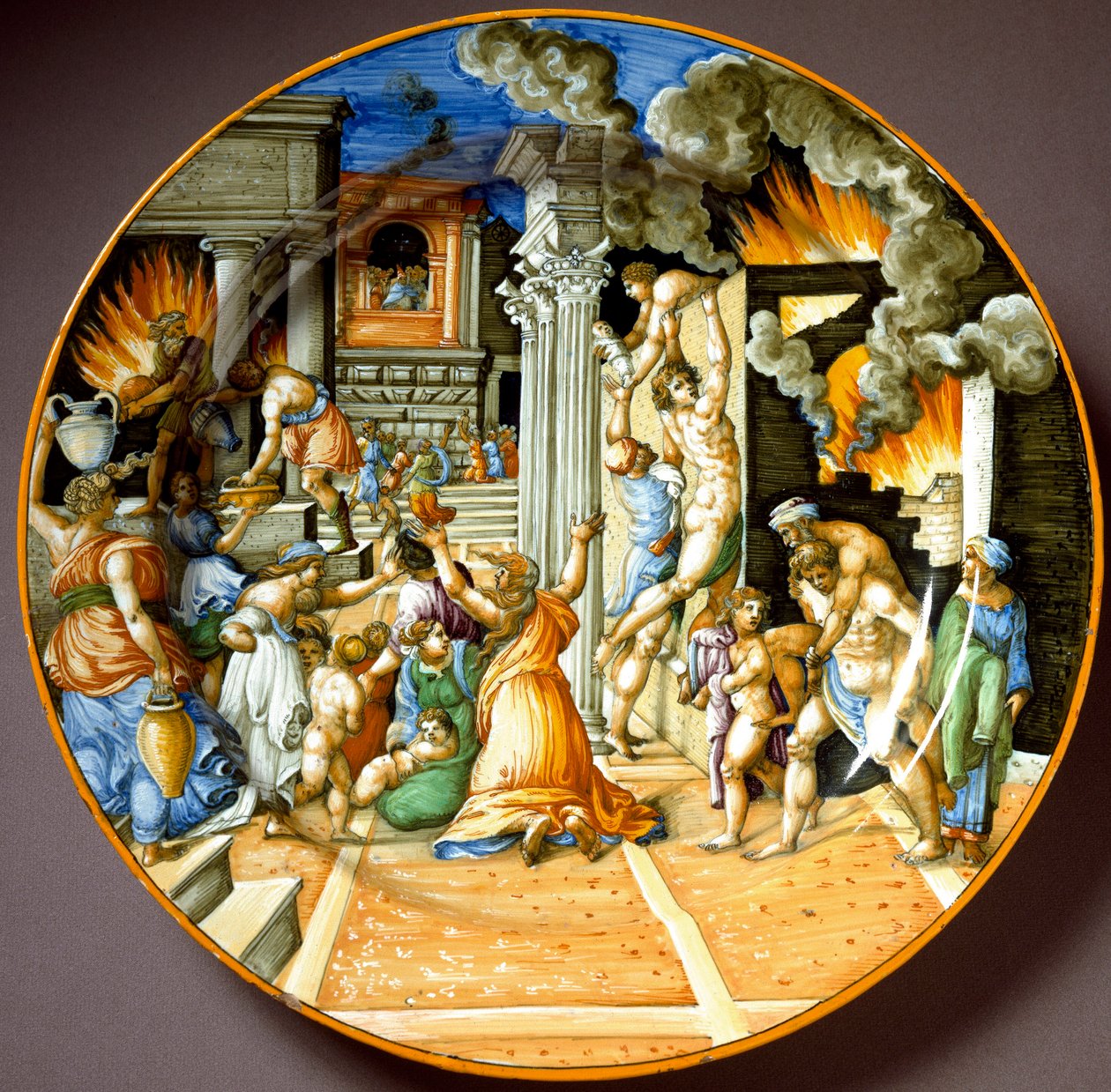 Enee and his father Anchise during the Trojan fire Ceramic plate produced in Urbino, Italy. 1560 around Florence, Museo Nazionale del Bargello - Aeneas and his father Anchises during the burning of Troy. Ceramic plate from Urbino. Circa 1560. National Muse 作者 意大利学校
