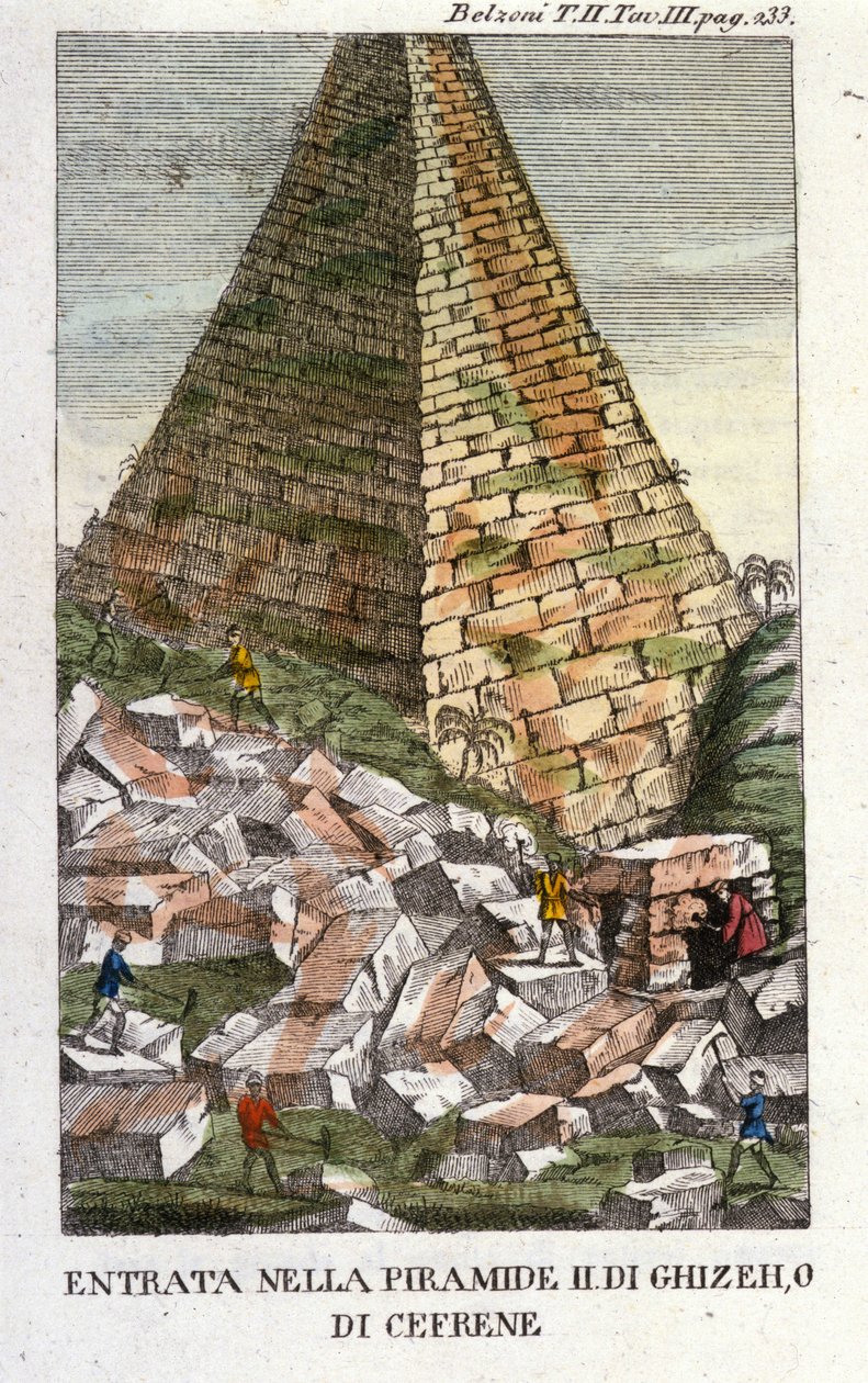 贝尔佐尼进入吉萨金字塔（Guiseh, Giza, Giza）或Chephren（旧帝国）的入口处。乔瓦尼-巴蒂斯塔（Gianbattista）-贝尔佐尼（1778-1823），意大利探险家和考古学家，在埃及有重要考古发现。雕刻 - 在" 作者 意大利学校