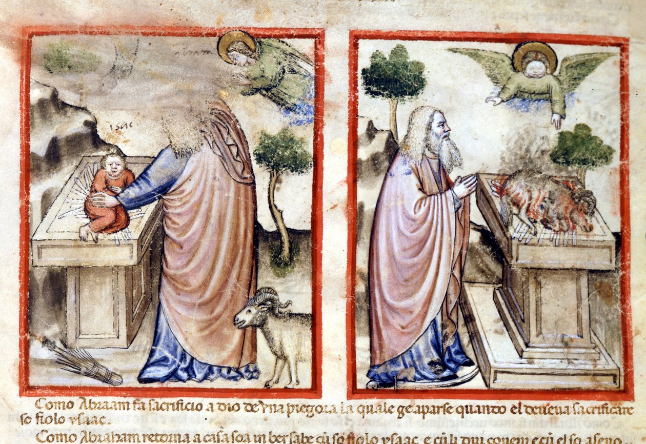 Episode of the sacrifice of Isaac by Abraham. Miniature from codex 212 (or padovano codice or Bible of Padua) 1390-1400 Rovigo, Accademia dei Concordi 作者 意大利学校