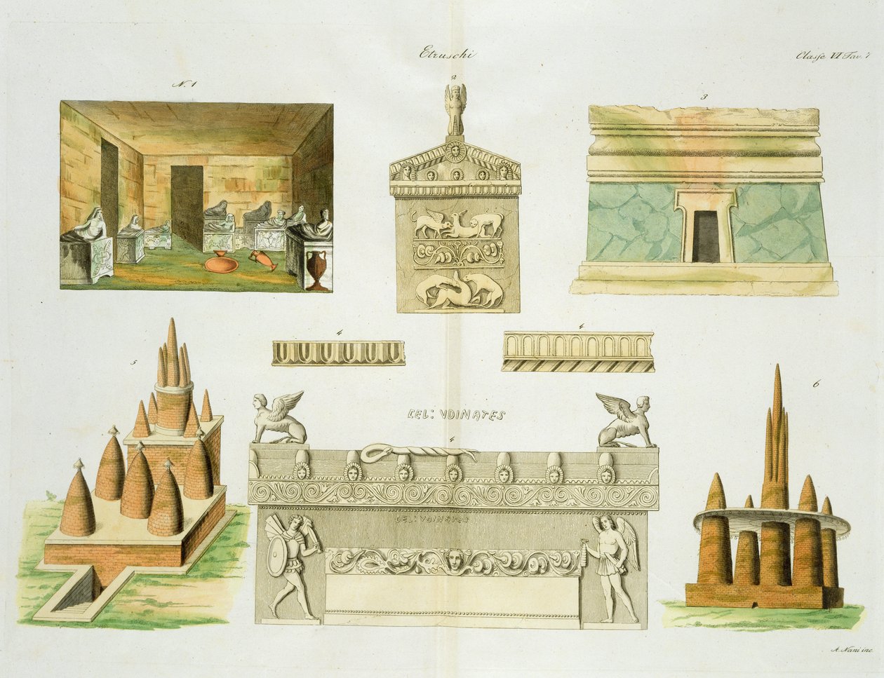 Etruscan sarcophagi和sepulchres，来自国家历史第一部分的第7级，第6级，由A. Nani（aquatint）雕刻而成 作者 意大利学校