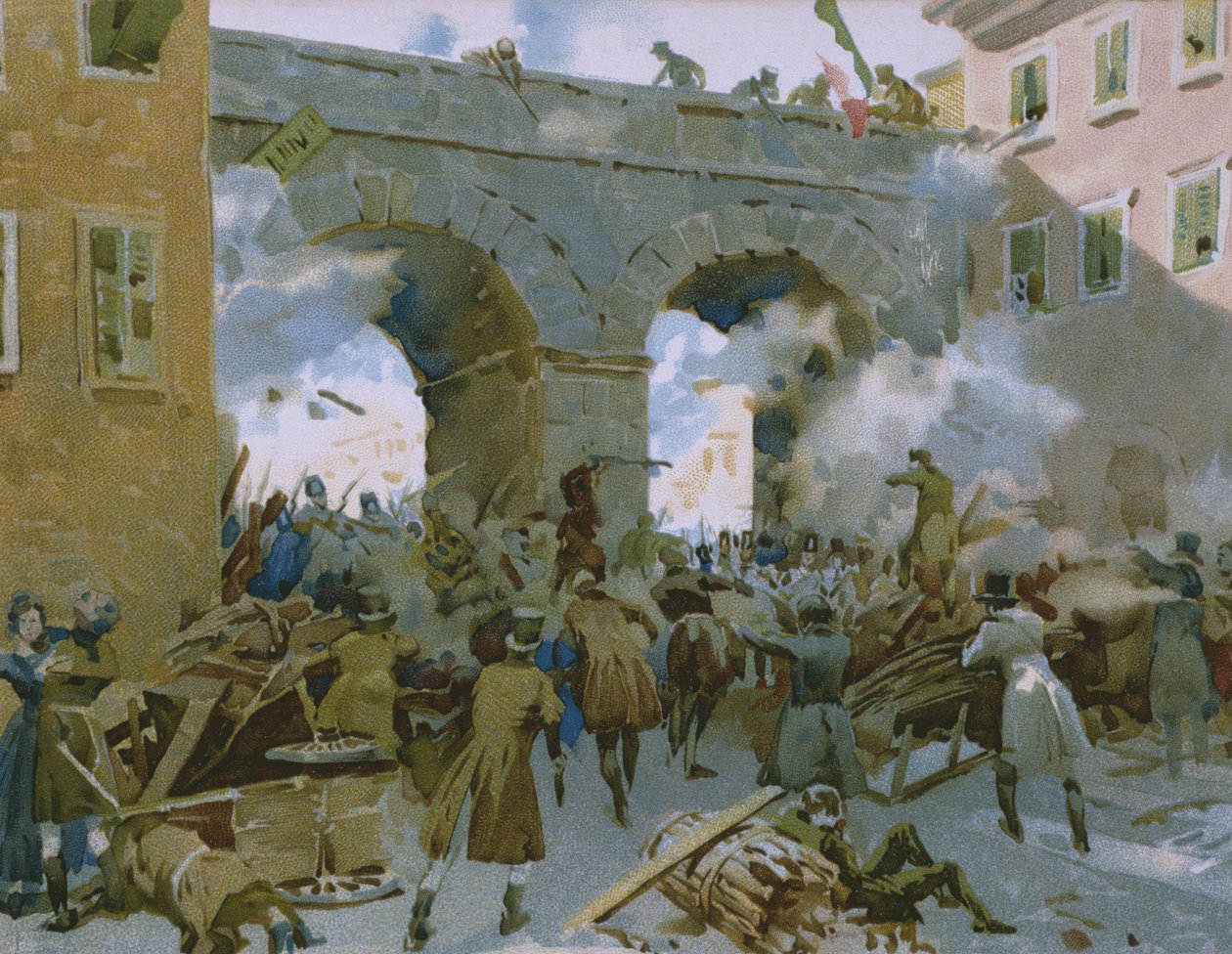 1848年3月18日至22日的活动，米兰人追逐奥地利人，一张关于Risorgimento历史专辑的插图，为巧克力Talmone制作，19世纪末 作者 意大利学校