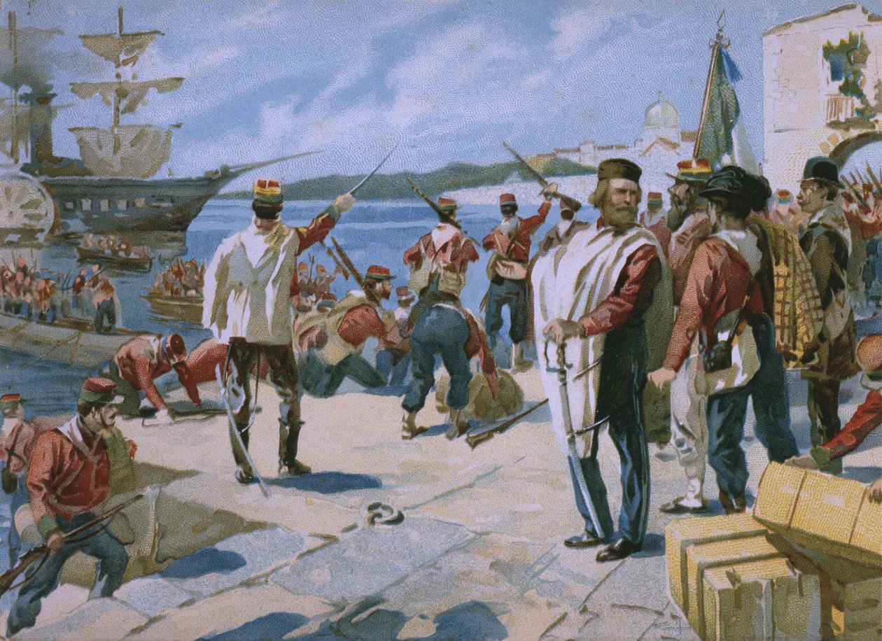 在朱塞佩·加里波第领导下的千人探险队，1860年在西西里岛的马沙拉登陆，一张关于Risorgimento历史专辑的插图，用于制作巧克力Talmone，已故 作者 意大利学校