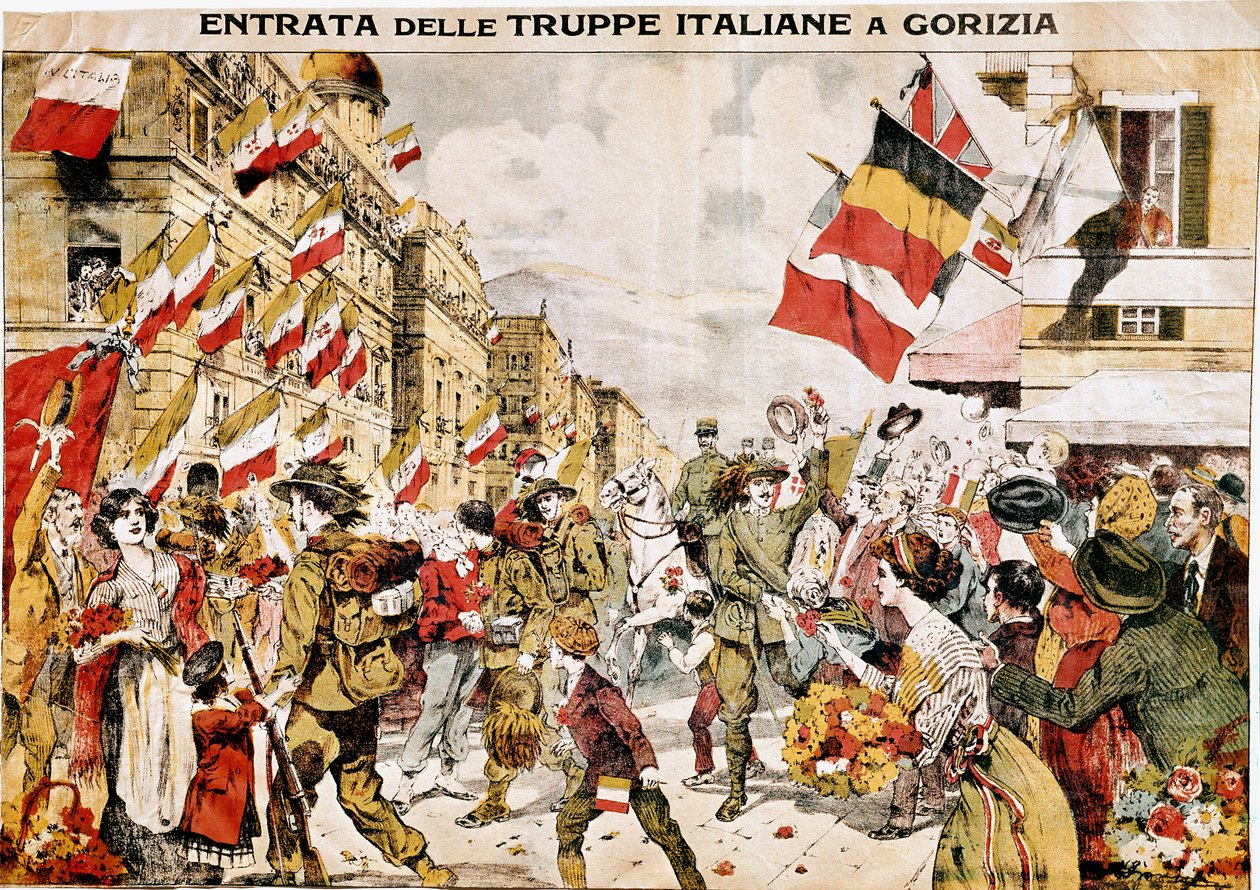第一次世界大战（1914-1918 年）。意大利军队攻占戈里齐亚。1918.雕刻 作者 意大利学校