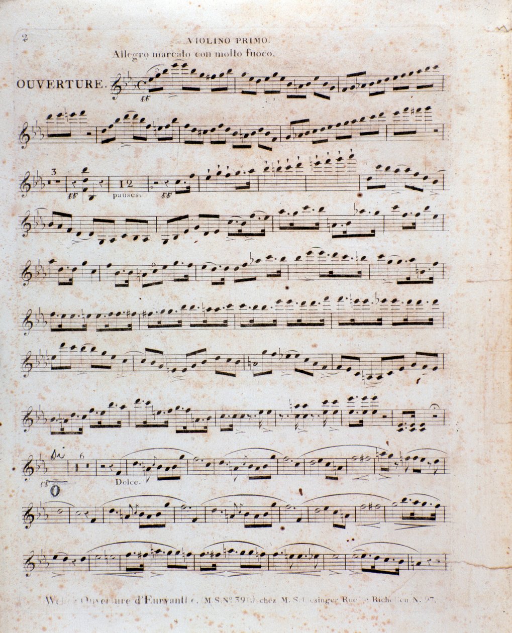 小提琴乐谱的第一页，来自 Carl Maria von Weber 的歌剧“Euryanthe”（石版画） 作者 意大利学校