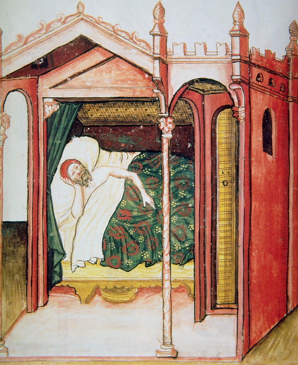 Fol.101r The Insomniac，来自Tacuinum Santiatis Codex Vindobonensis的插图 作者 意大利学校