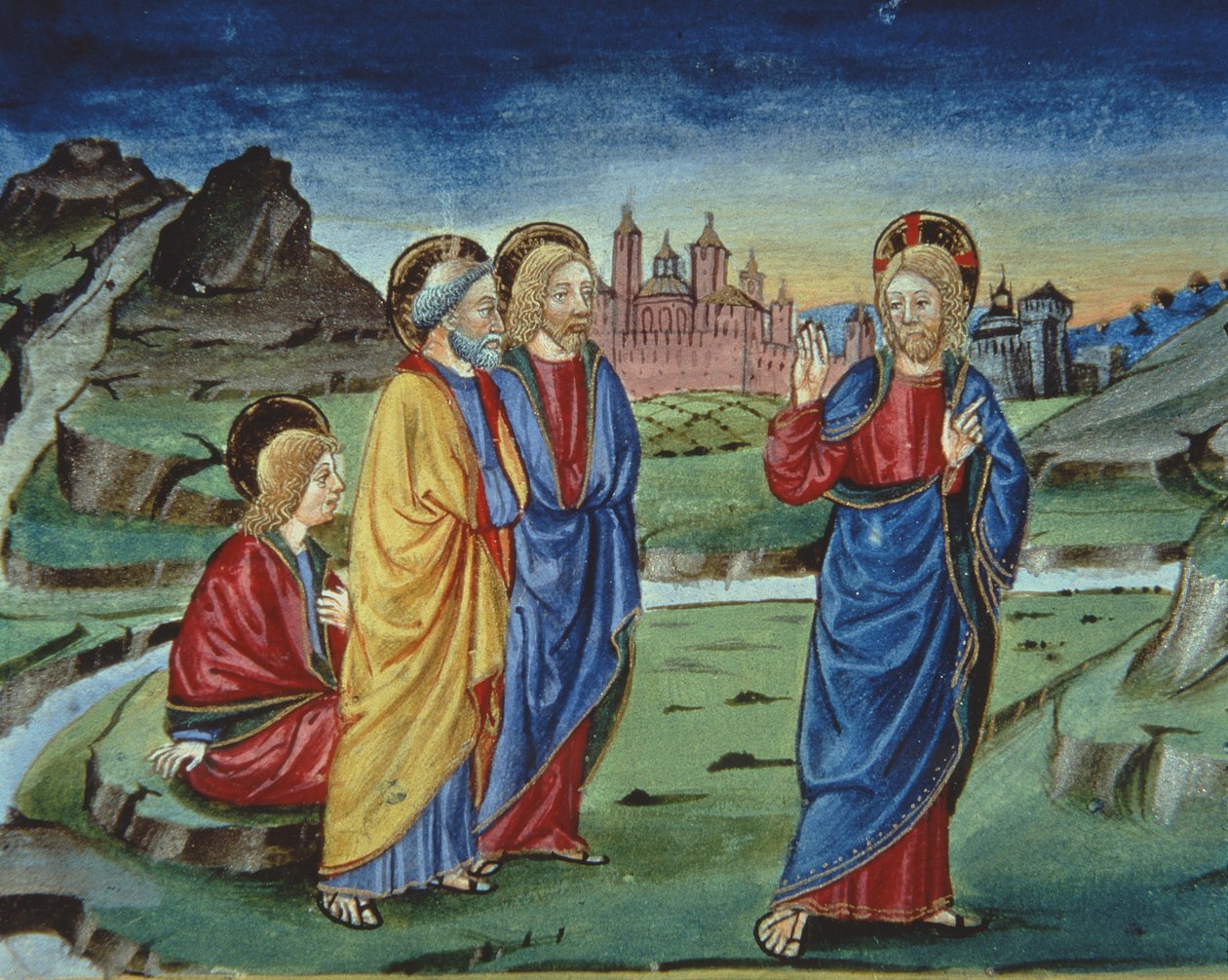 Fol.103v 变容之后，基督告诉使徒在复活之前不要透露此事（牛皮纸）（细节） 作者 意大利学校