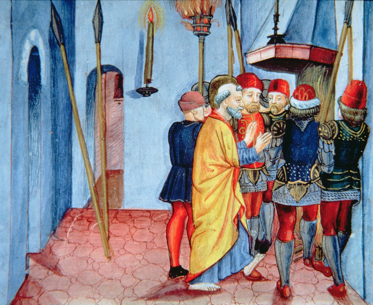 Fol.107v 彼得否认基督（牛皮纸） 作者 意大利学校