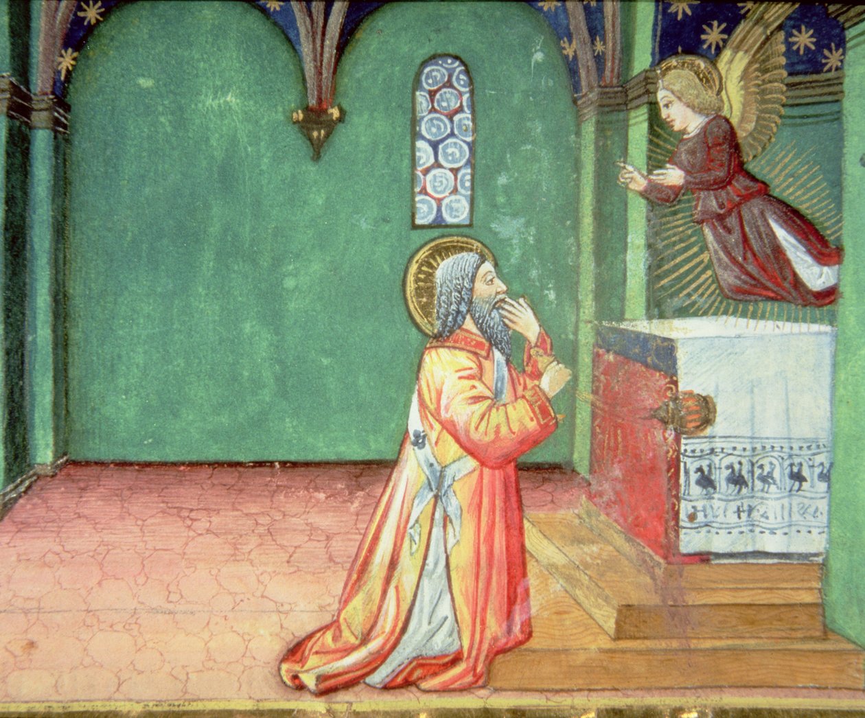 Fol.142r 一位天使在圣殿中向撒迦利亚显现（牛皮纸） 作者 意大利学校