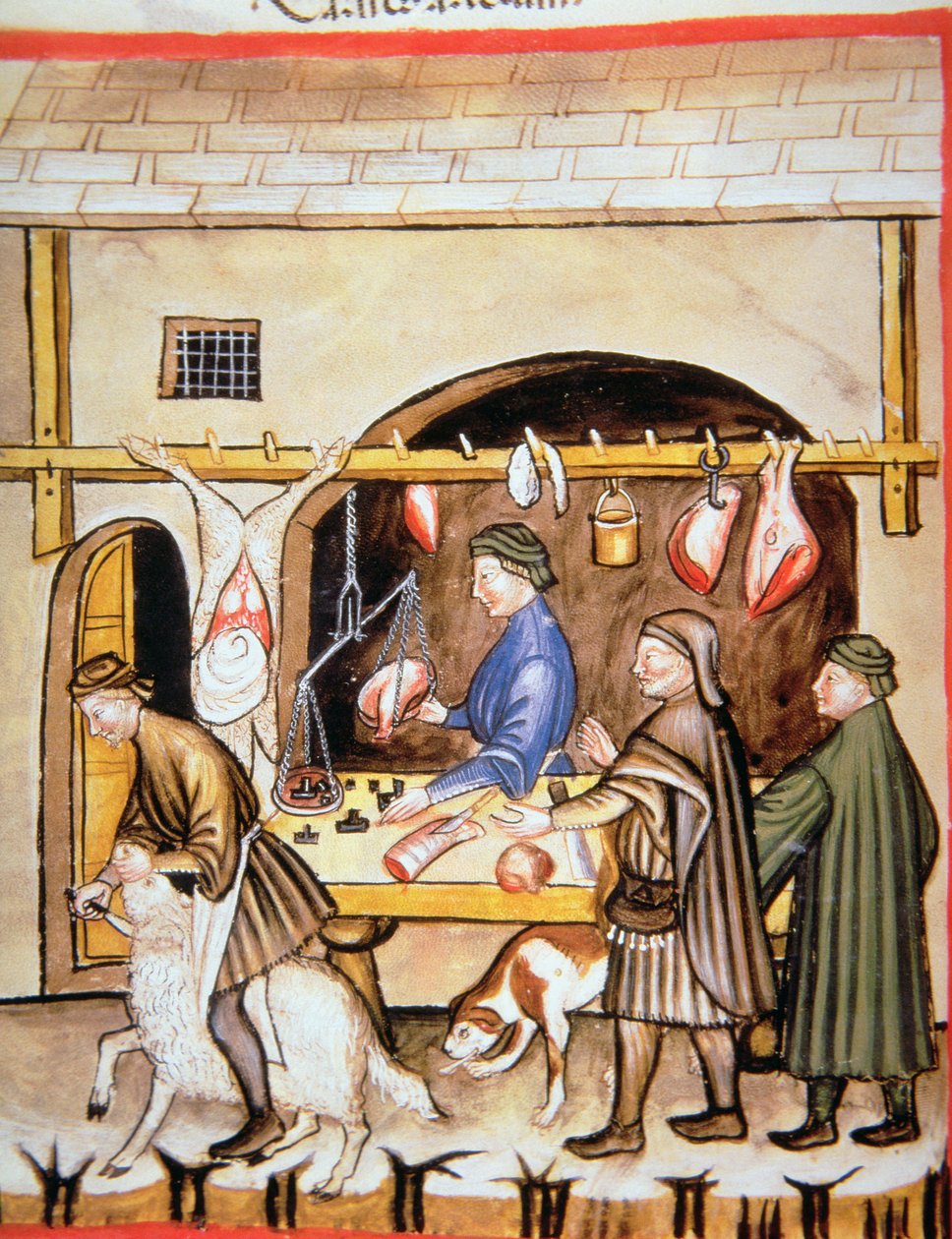 Fol.72v The Butchers：Selling Mutton，Tacuinum Santiatis的插图 作者 意大利学校