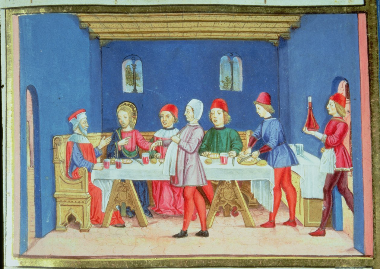 Fol.75v Jesus During the Meal at the House of the Pharisee Asks if He Is Allowed to Heal on the Sabbath (vellum)   1408409   zh       chinese Successfully Translated  Original: Virgin Mary, detaild from 1630100 Polyptych of the Crucifixion with Saints Tran 作者 意大利学校