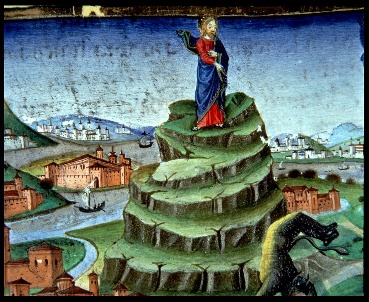 Fol.84r 魔鬼在山上第二次引诱基督（牛皮纸） 作者 意大利学校