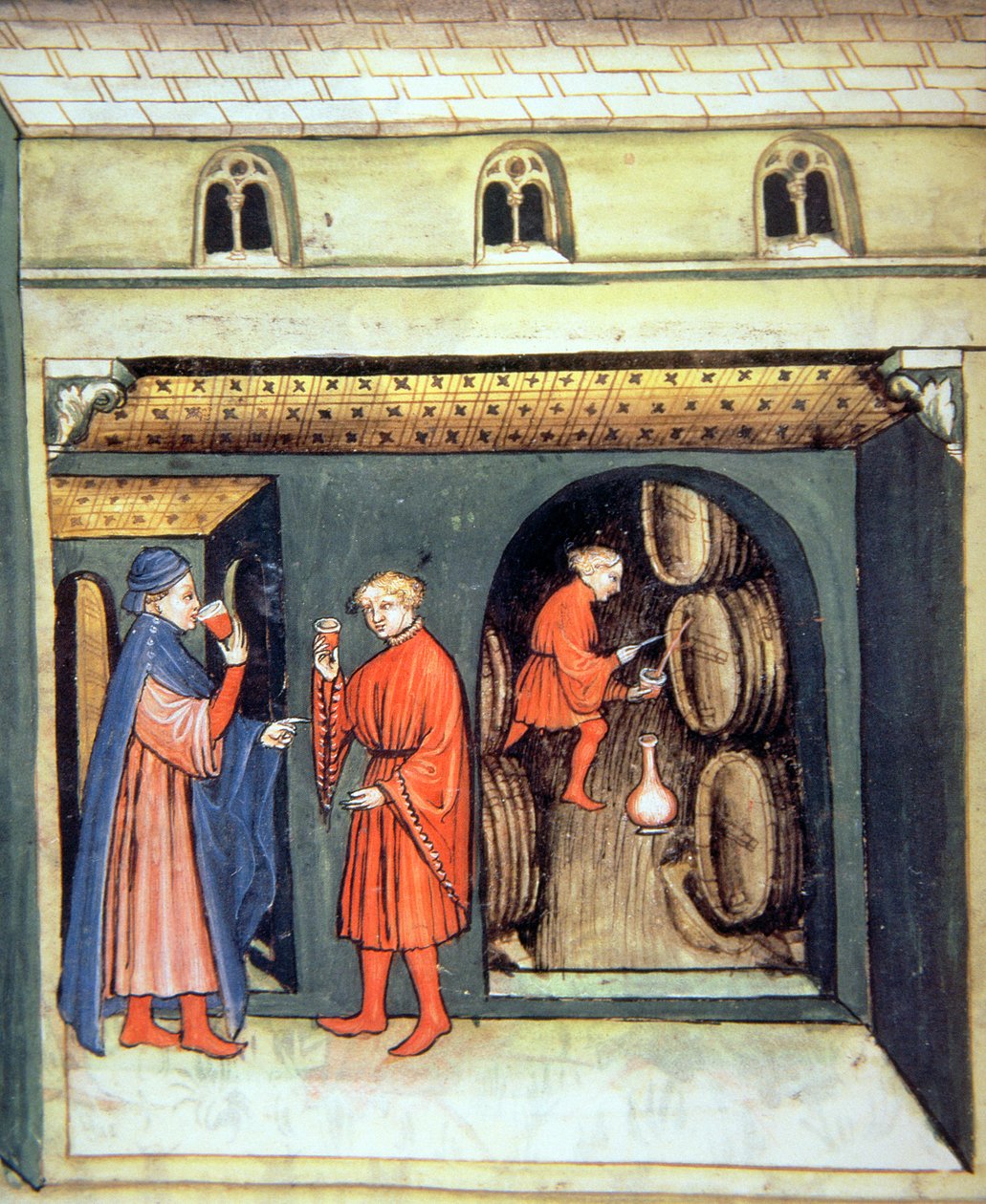 Fol.86v陈年果酒，Tacuinum Santiatis Codex Vindobonensis的插图 作者 意大利学校