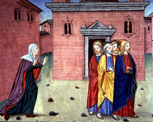 Fol.86v 耶稣遇见一位妇女，说 "你痊愈了"（牛皮纸） 作者 意大利学校