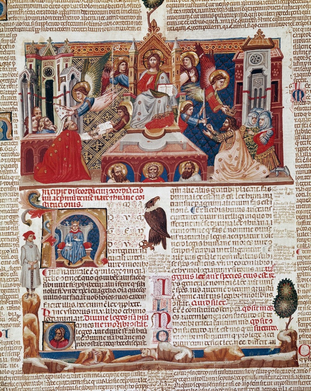 可追溯至 1140 年的“Decret de Gratien”（“Concordia discordantium canonum”或“Decretum Gratiani”）手稿的正面页，用于规范罗马天主教会的法律和教规。 14 世纪锡耶纳，Biblioteca degli Intronati 作者 意大利学校