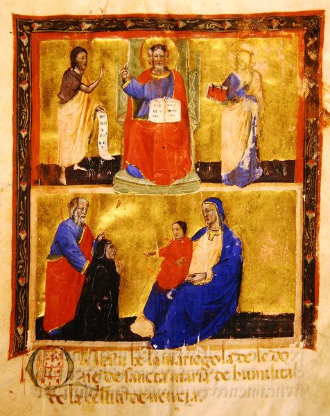 正面，来自麦当娜dellUmilita Confraternity的行会的玛丽亚拉，1391年（牛皮纸上的墨水和金箔） 作者 意大利学校