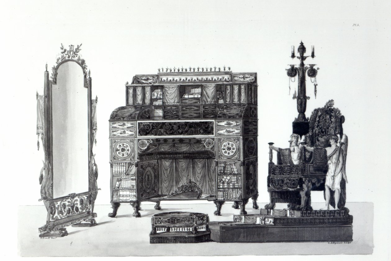 Gaetano Landi建筑装饰的希腊风格家具，由G.DArgenzio雕刻，1810年 作者 意大利学校