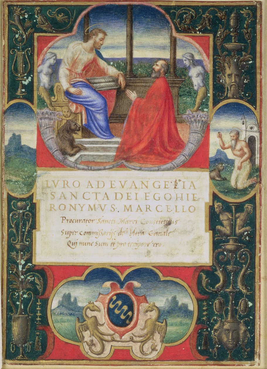 G. Marcello跪在圣马可和圣杰罗姆前，以及1537年Marcello Familly的徽章 作者 意大利学校