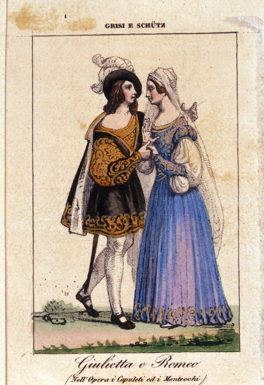 文森佐·贝里尼 (Vincenzo Bellini) 的朱利亚·格里西 (Giulia Grisi) 和舒茨 (Schutz) 在“I Capuleti e i Montecchi” (Les Capulet et les Montaigu) 中诠释了罗密欧与朱丽叶 作者 意大利学校