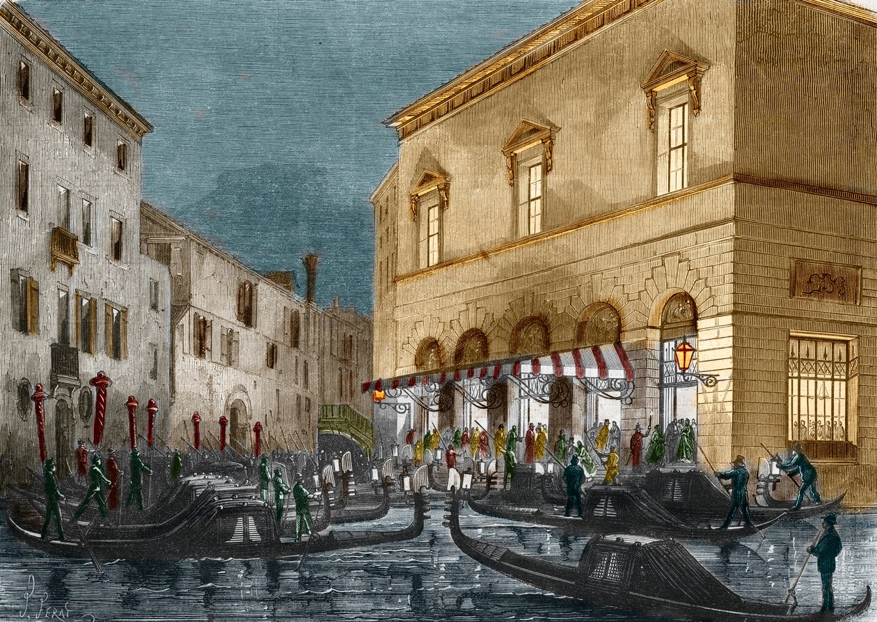 Gondoliers等待观众来自意大利威尼斯Teatro La Fenice，来自Le Monde Illustre n°564,1868 作者 意大利学校