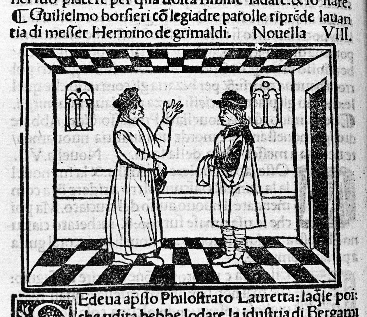 Grimaldi 的吝啬 Erminio 面对 Guglielmo Borsiere，他试图用漂亮的话从他那里榨取钱财。 意大利作家乔瓦尼·薄伽丘（Giovanni Boccaccio dit Jean Boccaccio，1313-1375）的“十日谈”的新61（第一天的新8）插图。 雕刻 作者 意大利学校