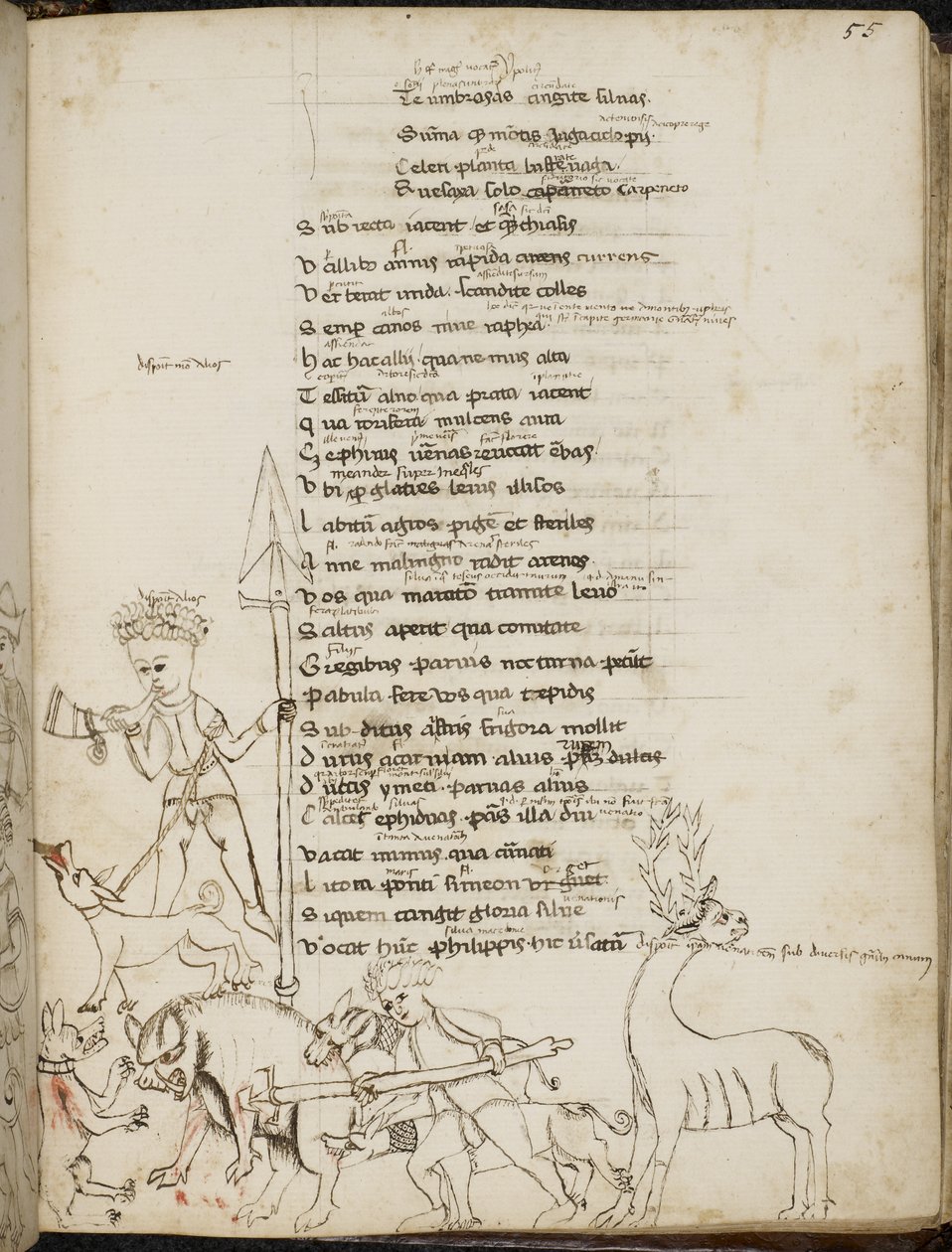 Harley 2453，f.55 狩猎场景，有野猪、雄鹿、猎人、狗和野兔，选自卢修斯·安内乌斯·塞内卡 (Lucius Annaeus Seneca) 的《悲剧》 作者 意大利学校