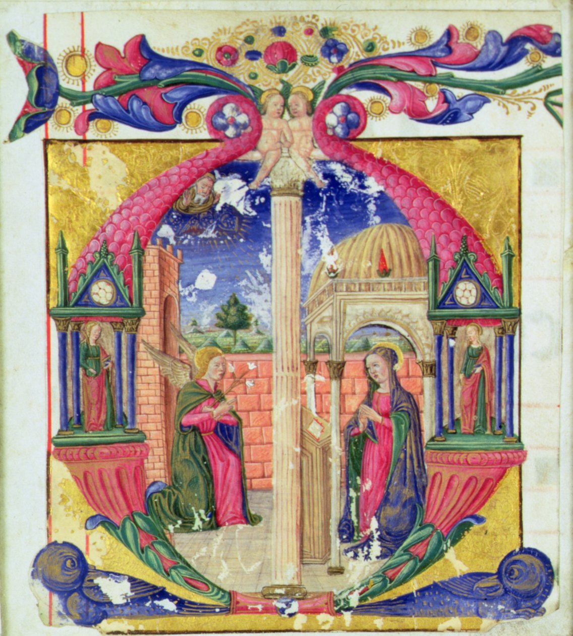 历史悠久的首字母“M”描绘了天使报喜，c.1475（牛皮纸） 作者 意大利学校